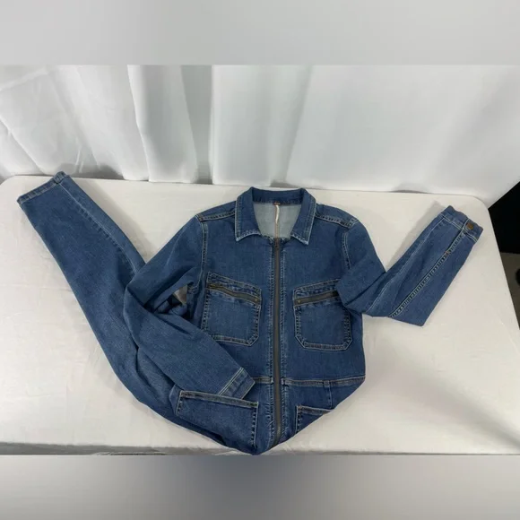 Free People Denim Jumpsuit Medium Zip Front Utility Coverall Blue Long Sleeve - Picture 2 of 16